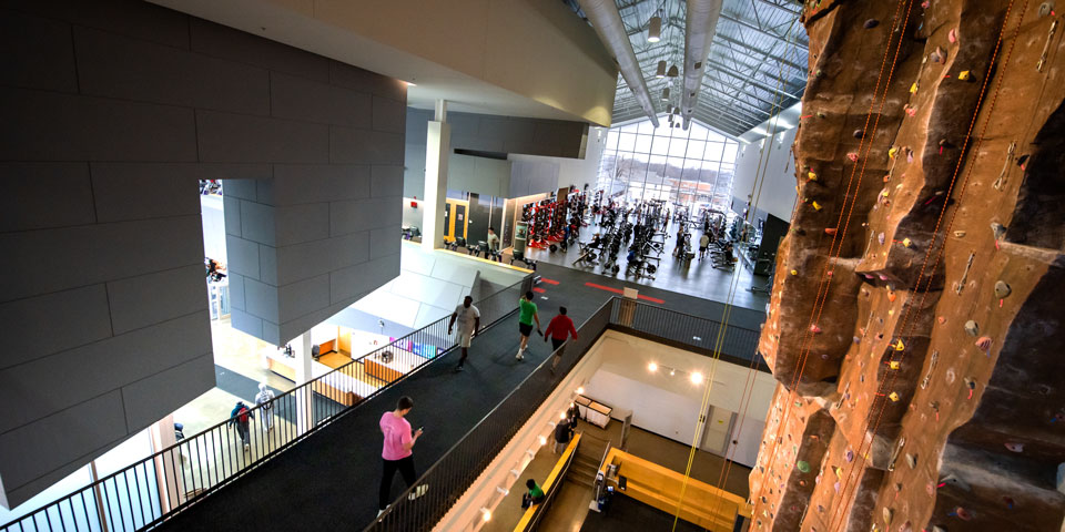 Aerial view of free weights and rock climbing wall.
